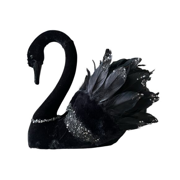 Bella Lux 14" Black Swan Figurine With Feathers & Sequins Chic Halloween Decor - Picture 9 of 16